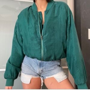 Vintage Emerald Green 100% Silk Bomber Jacket